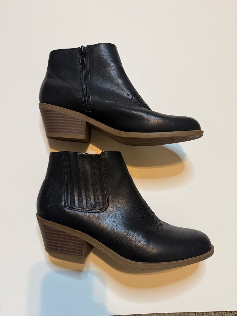 FRYE AND CO. Black Leather Ankle Booties with Stacked Wood-Tone Heel